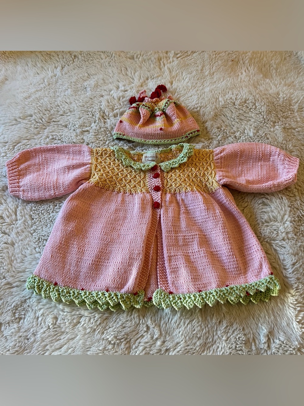 Vintage Hand Crafted Knitted Baby Girl Dress & Bonnet Set Heirloom